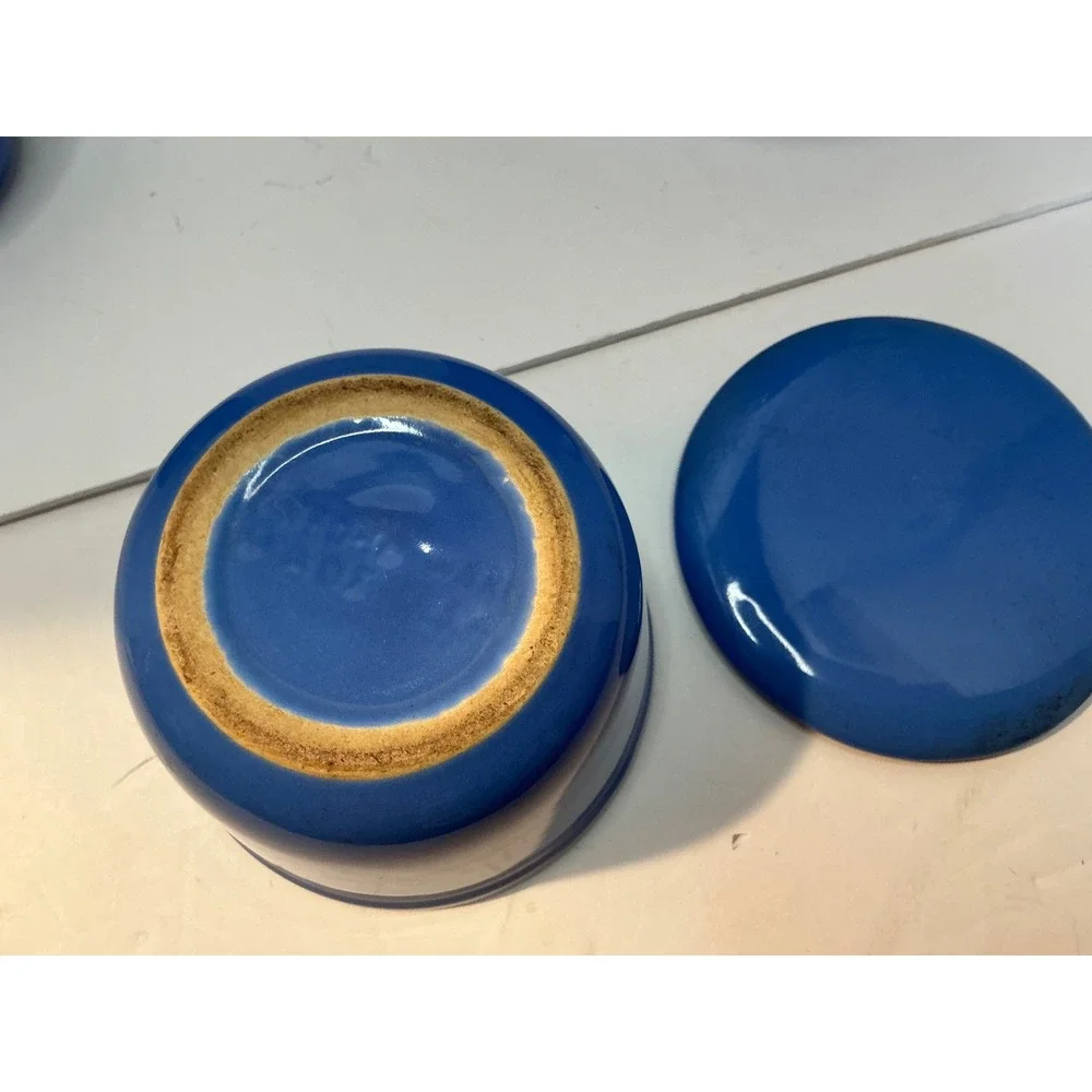 Vintage Blue Ceramic Pitcher and Lidded Bowls Set Kitchenware 3pc